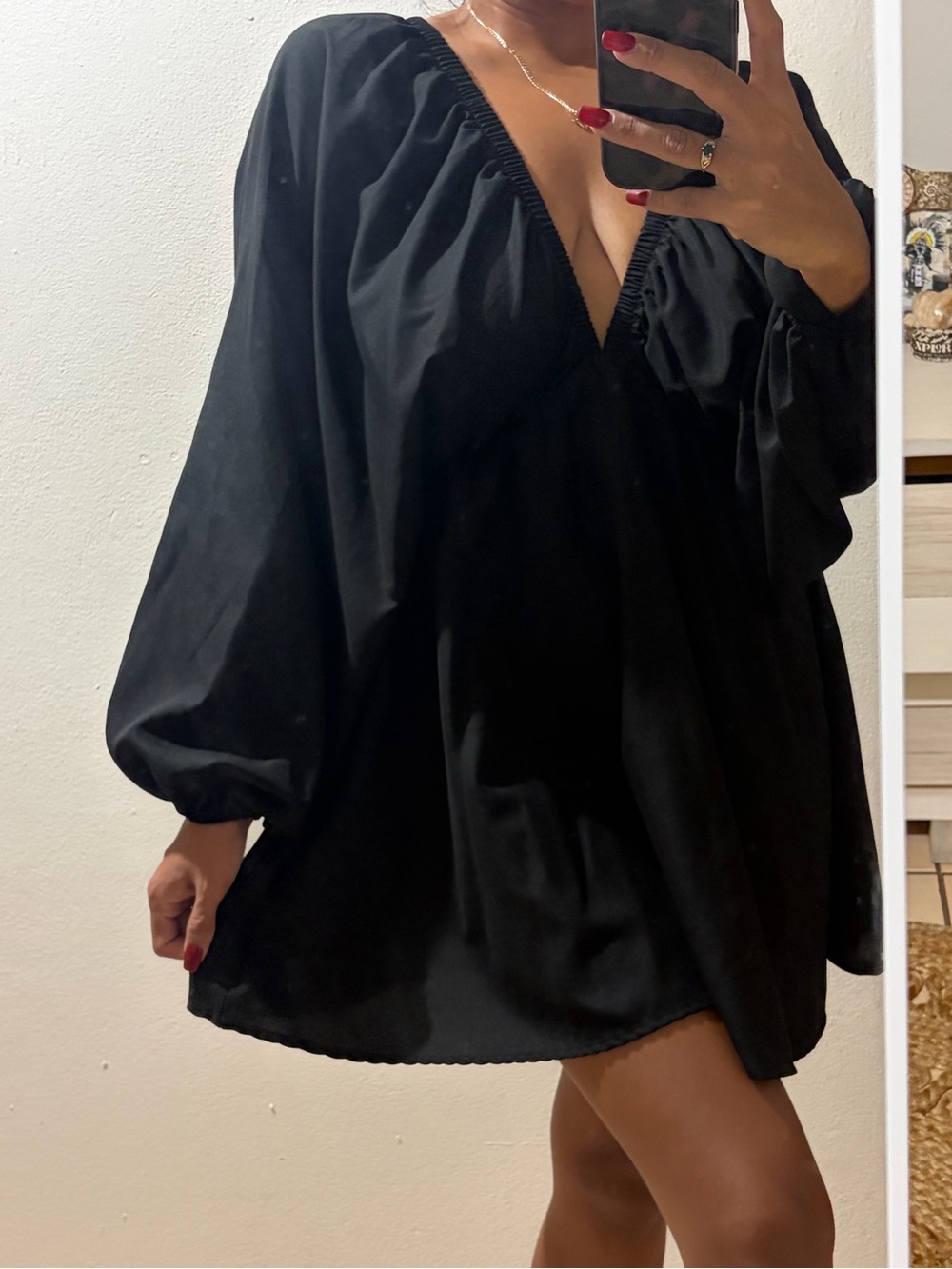 SHEIN Black Deep V Balloon Sleeve Mini Dress